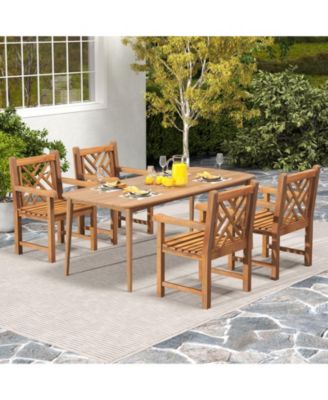 Teak Wood Patio Dining Chair Outdoor Armchair w/ Slatted Seat & Solid Legs