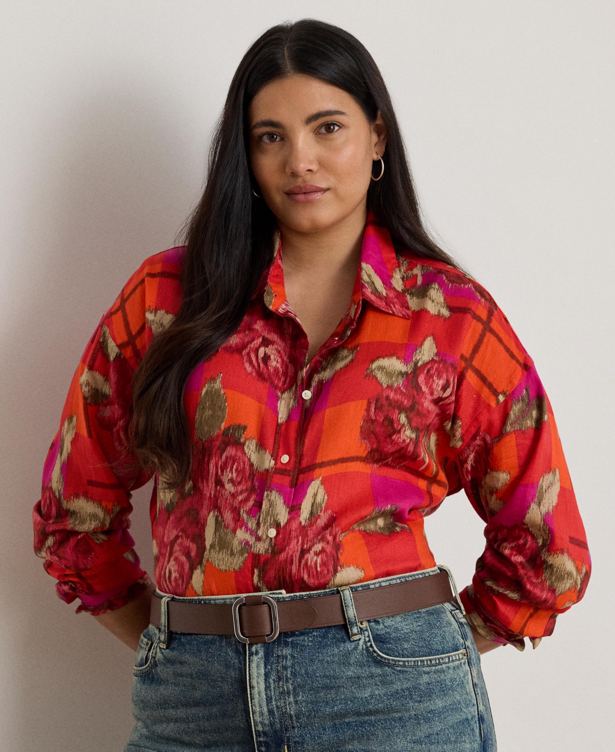 Plus Size Printed Linen Shirt - Red Pink Multi