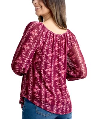 Juniors' 3/4-Sleeve Printed Mesh Peasant Top