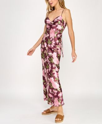 Juniors' Floral Printed Satin Maxi Dress