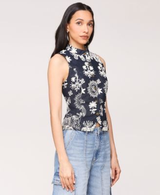 Women's Soutache Denim Button-Front Vest