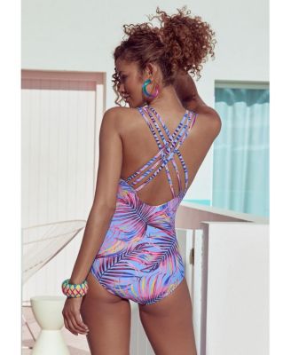 Women's Palm Print Tummy Control One Piece Swimsuit