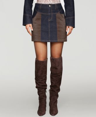 Avec Les Filles - Women's Faux-Leather-Trim Western Mini Skirt