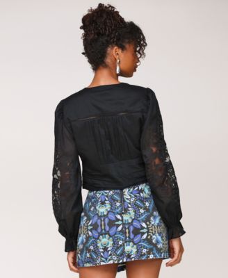 Women's Cotton Pintuck Lace-Trim Button-Front Blouse