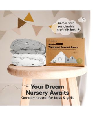 2pk Soothe Waterproof Bassinet Sheets for Girls, Boys, 33x17 Universal Baby Bassinet Mattress Protector Cover