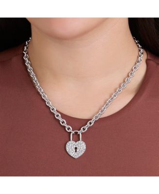 Silver-Tone Pave Crystal Heart Lock Necklace