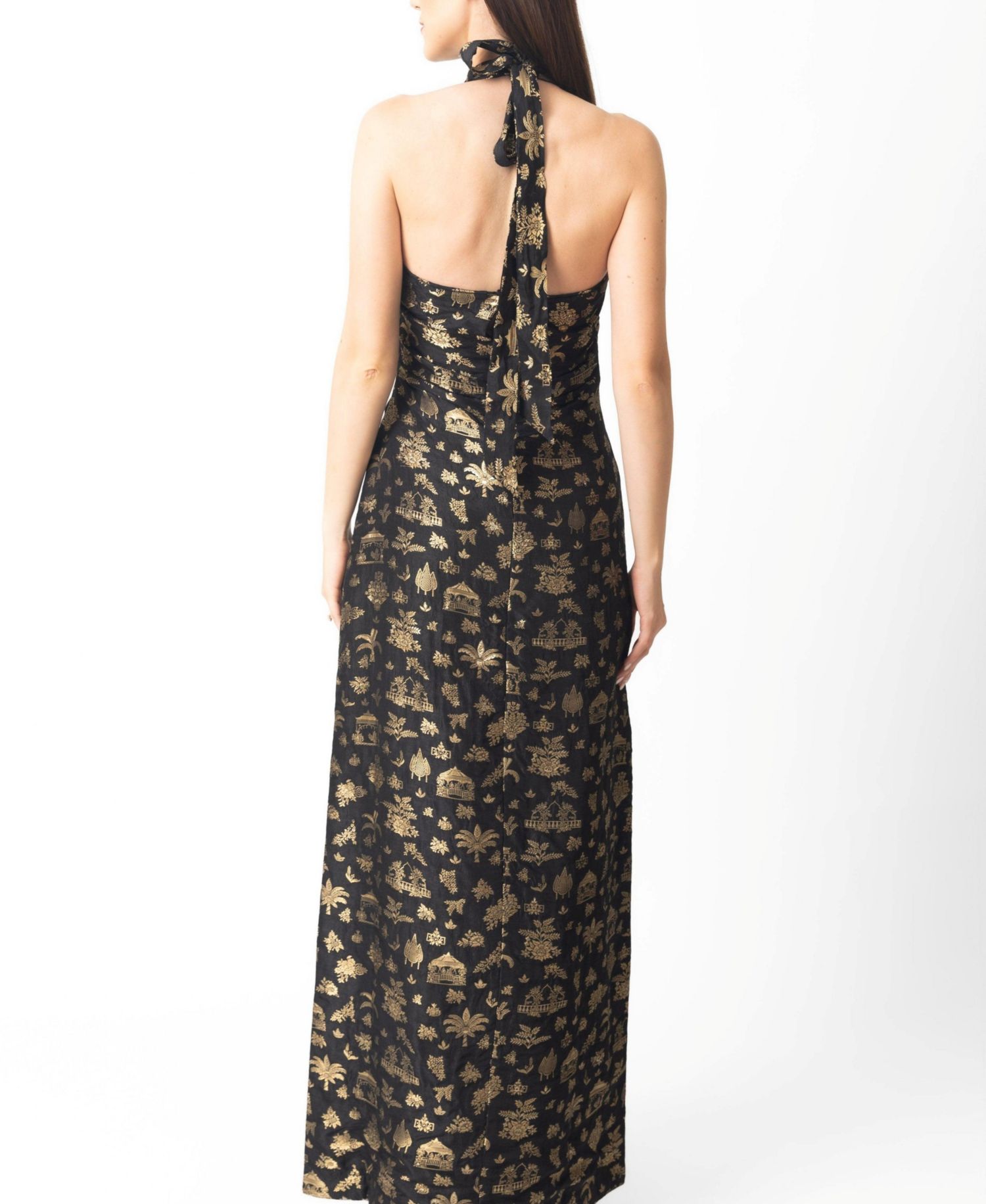 Women's Black and Gold Long Dress with Slit