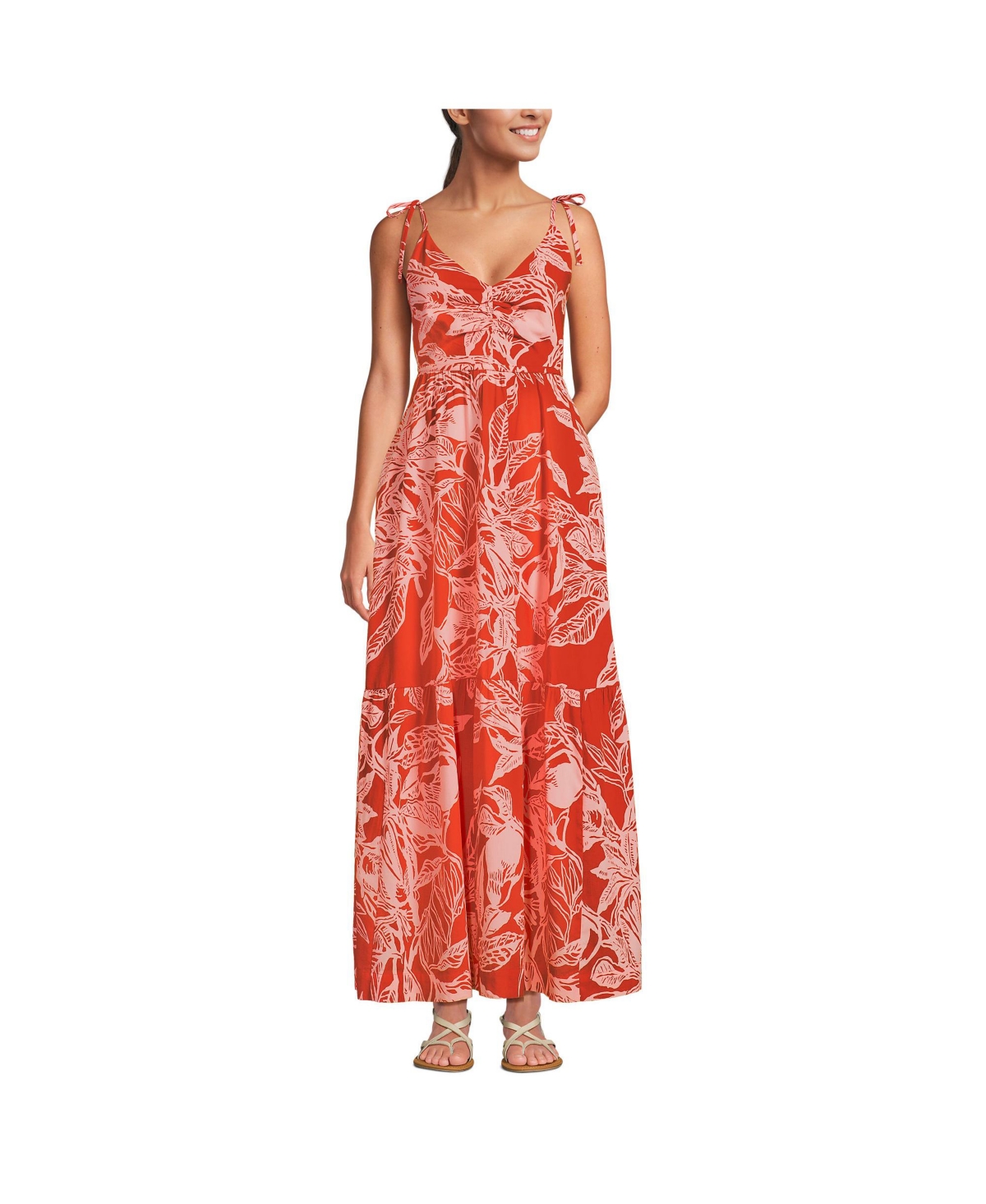 Women's Cotton Voile Vneck Tie Strap Maxi Dress - Mandarin orange etched leaves