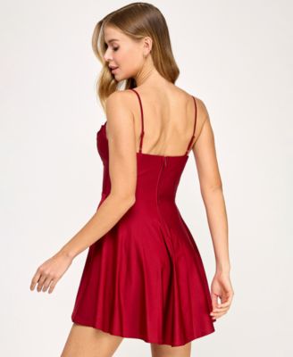 Juniors' Satin Lace-Trim Fit & Flare Dress