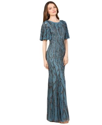 Beaded Gown with Flutter Sleeves