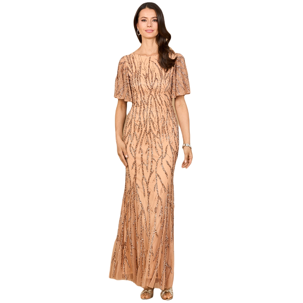 Beaded Gown with Flutter Sleeves - Rose Gold