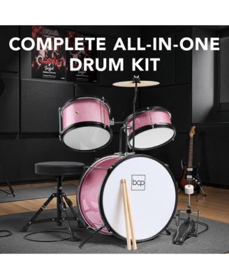 Kids Beginner 3-Piece Drum, Musical Instrument Set w/ Sticks, Cushioned Stool, Drum Pedal