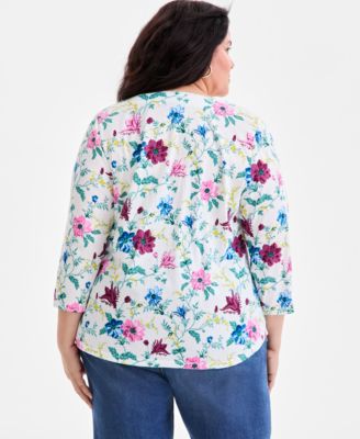 Plus Size Printed V-Neck 3/4-Sleeve Top, Macy's Exclusive