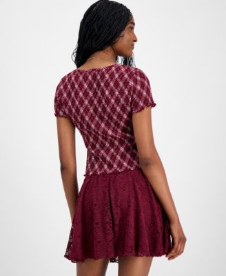 Juniors' All Over Print Smocked Short-Sleeve Top