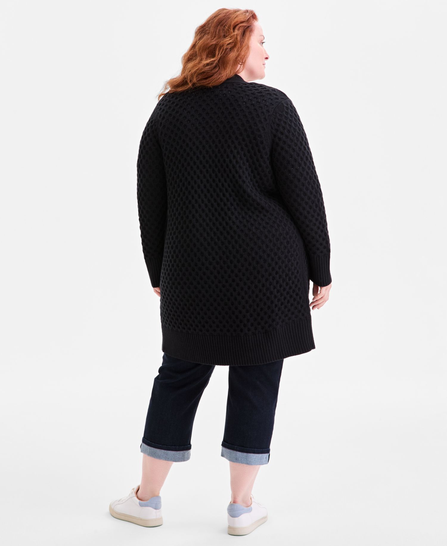 Petite Honeycomb-Knit Open-Front Long Cardigan
