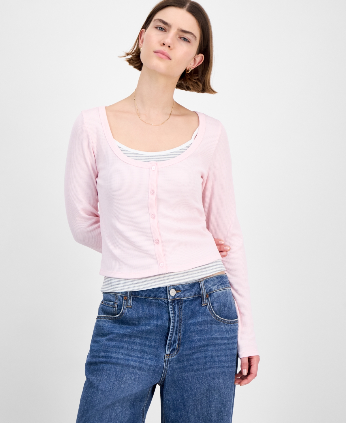 Hippie Rose Juniors' Waffle-knit Tank Top & Cardigan Set In Pink