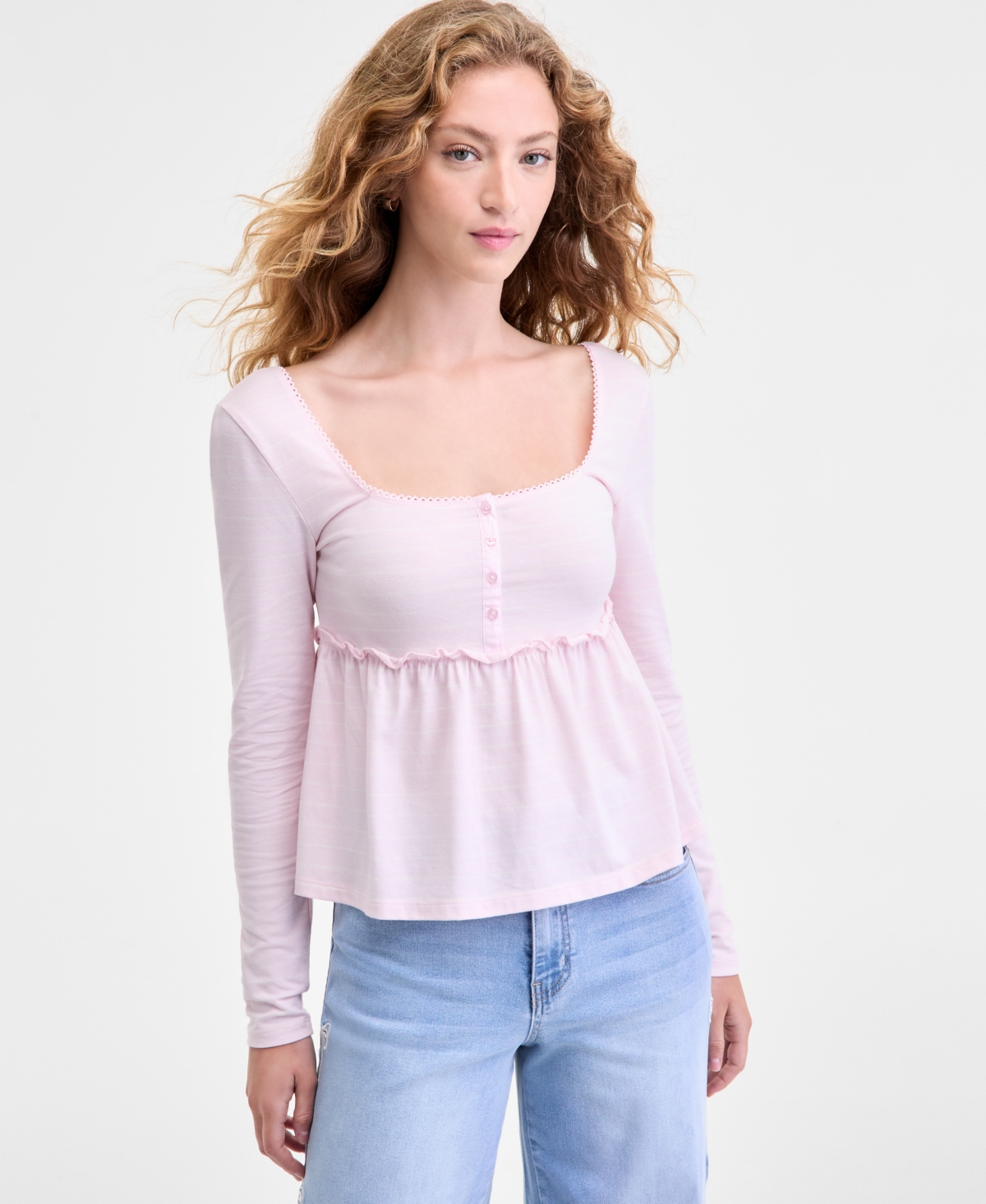 Hippie Rose Juniors' Long Sleeve Knit Babydoll Top