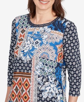 Women's Batik Patchwork Drawstring Crew Neck Top
