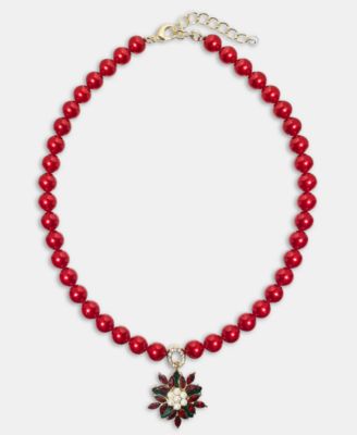 Holiday Lane - Gold-Tone Red Imitation Pearl Poinsettia Pendant Necklace, 16" + 2" extender
