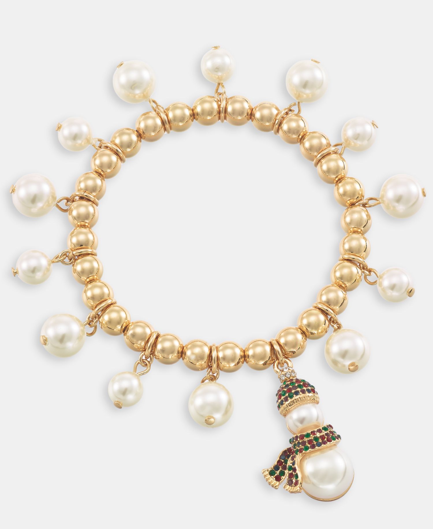 Gold-Tone Snowman Imitation Pearl Beaded Stretch Bracelet