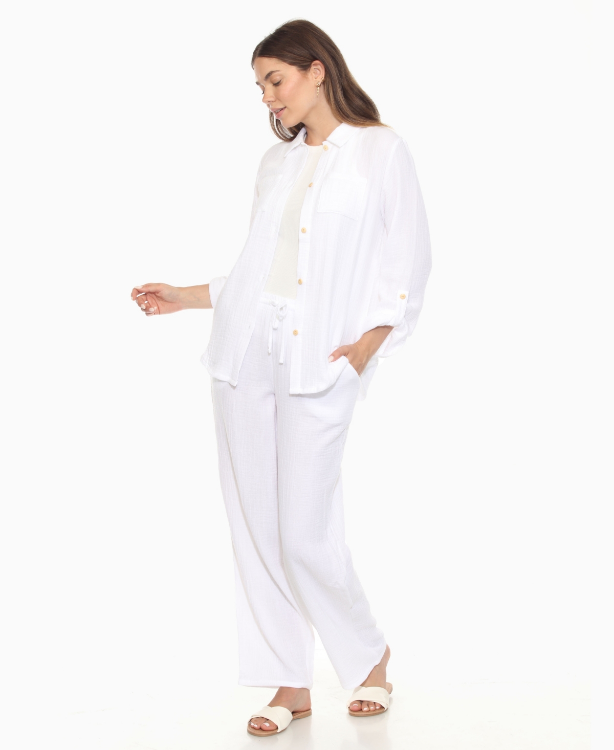 White Mark Women's Long Sleeve Button Down Cotton Gauze Set In White
