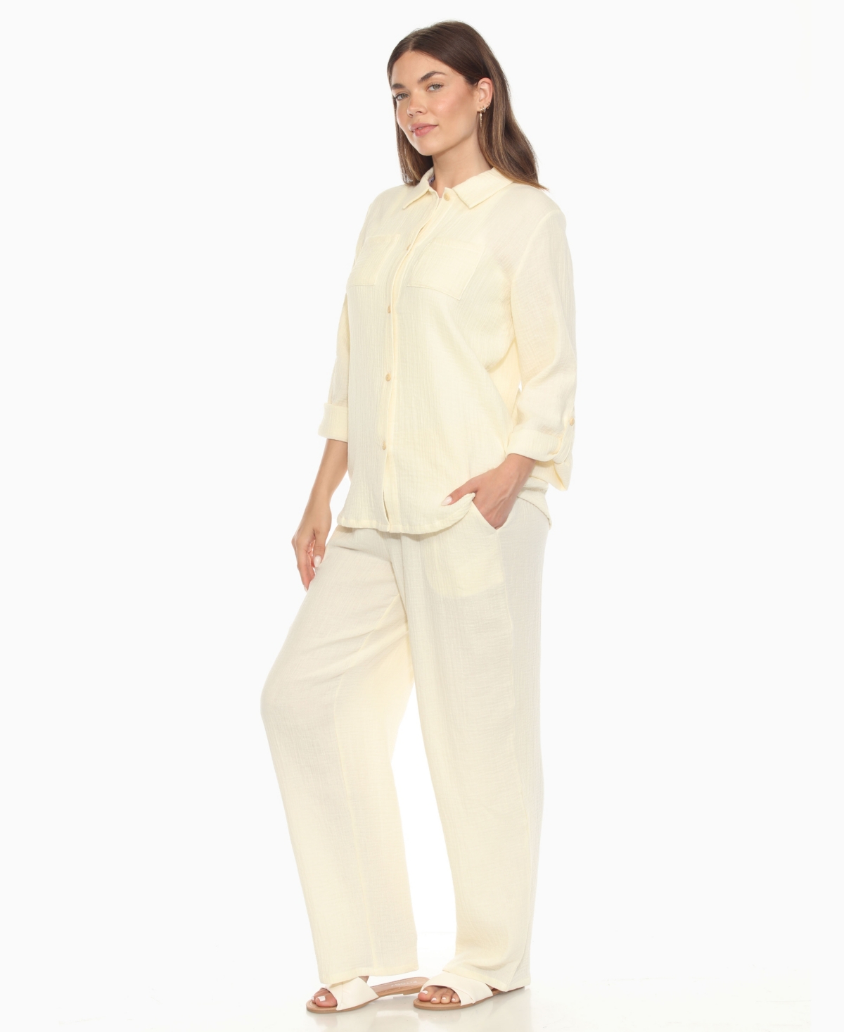 White Mark Women's Long Sleeve Button Down Cotton Gauze Set In Neutral