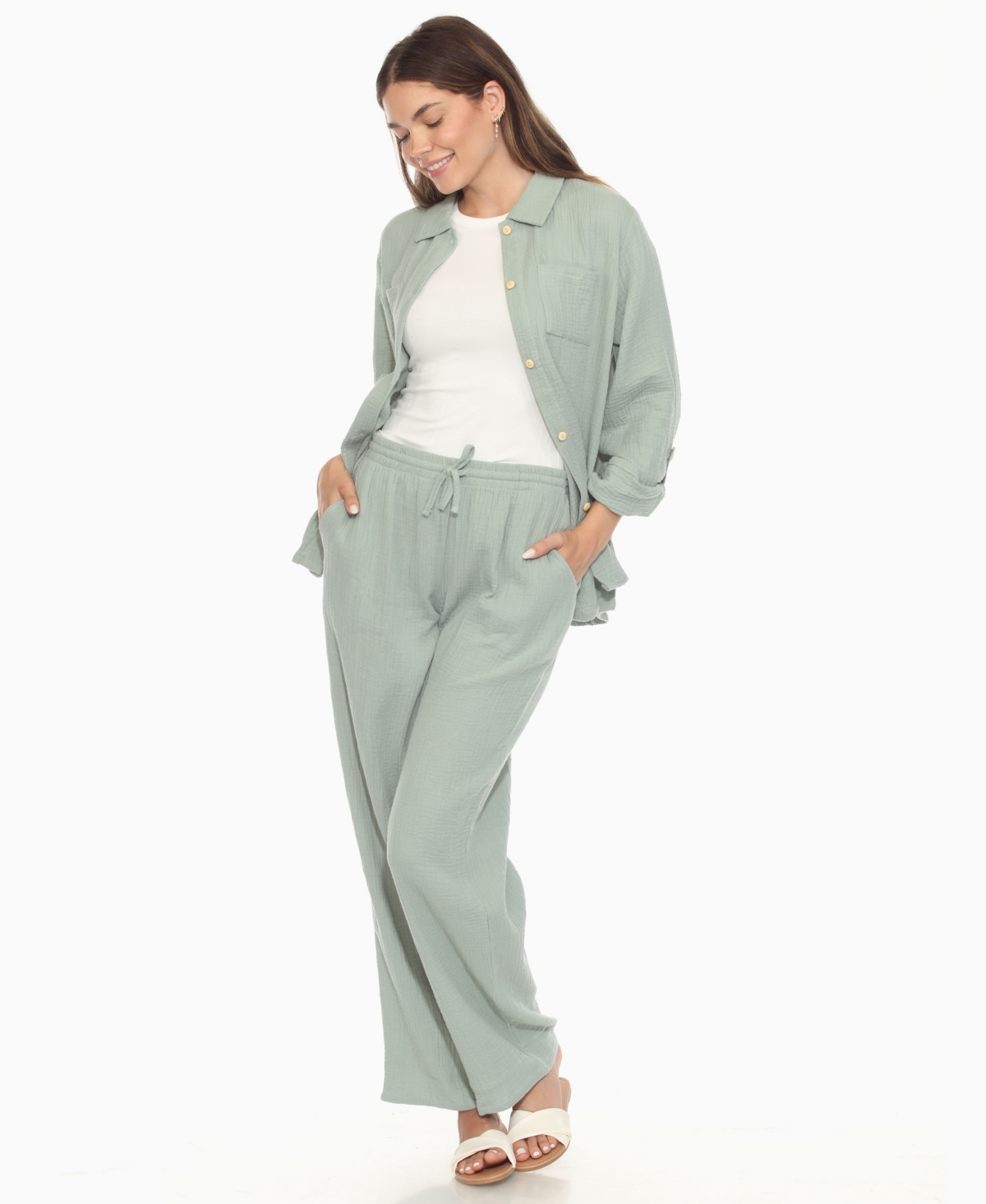 White Mark Women's Long Sleeve Button Down Cotton Gauze Set In Green