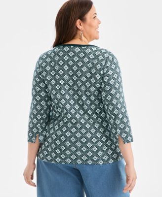 Plus Size Printed Knit 3/4-Sleeve Top, Macy's Exclusive
