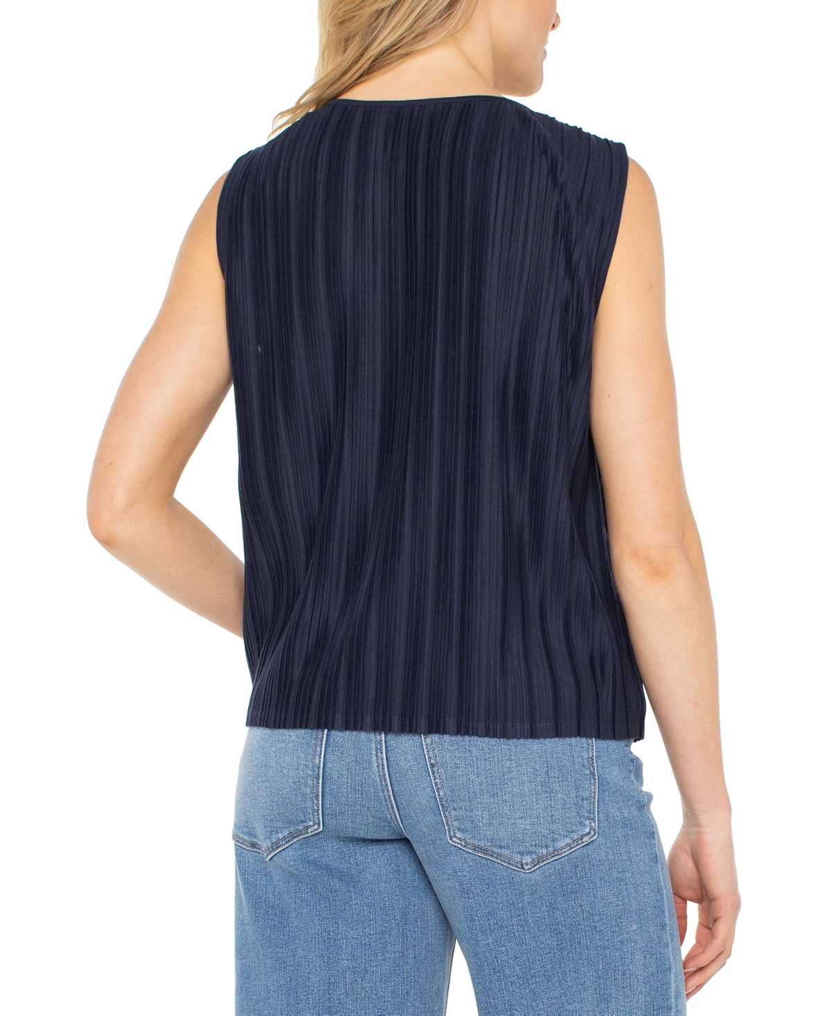 Liverpool Los Angeles Petite Pleated Knit Sleeveless Top In Blue