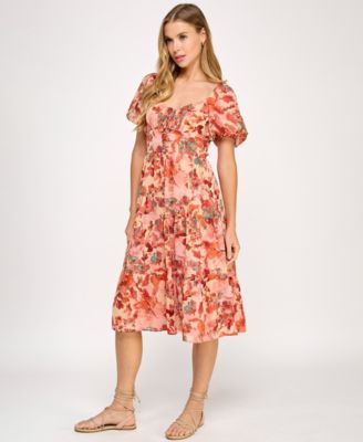 Juniors' Printed Lace-Up Front Midi Dress