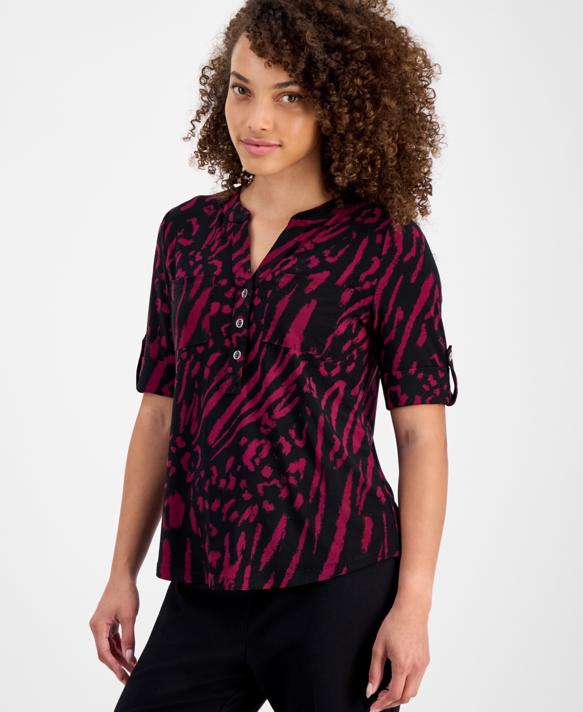 Petite Printed Rolled-Sleeve Button-Front Top - Anne Black/Chianti