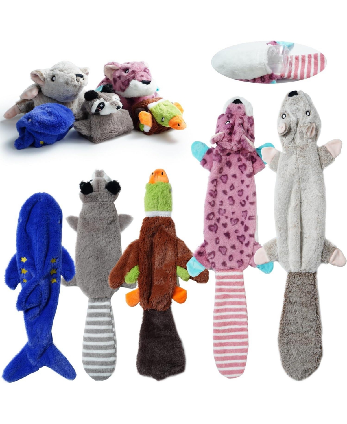5 Pcs Jungle Series Plus Squeaky Stuffless Dog Toys, Belly Pouch to Hold Bottles for Bonus Crinkle, Durable Dog Toys for Aggressive Chewers