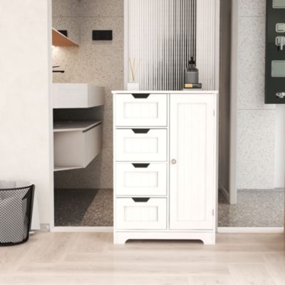White Floor Storage Cabinet with Adjustable Shelves, 4 Drawers & Door for Bathroom and Living Room Use