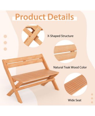 Indonesia Teak Wood Outdoor Bench Folding 2-Person Patio Garden Bench Loveseat