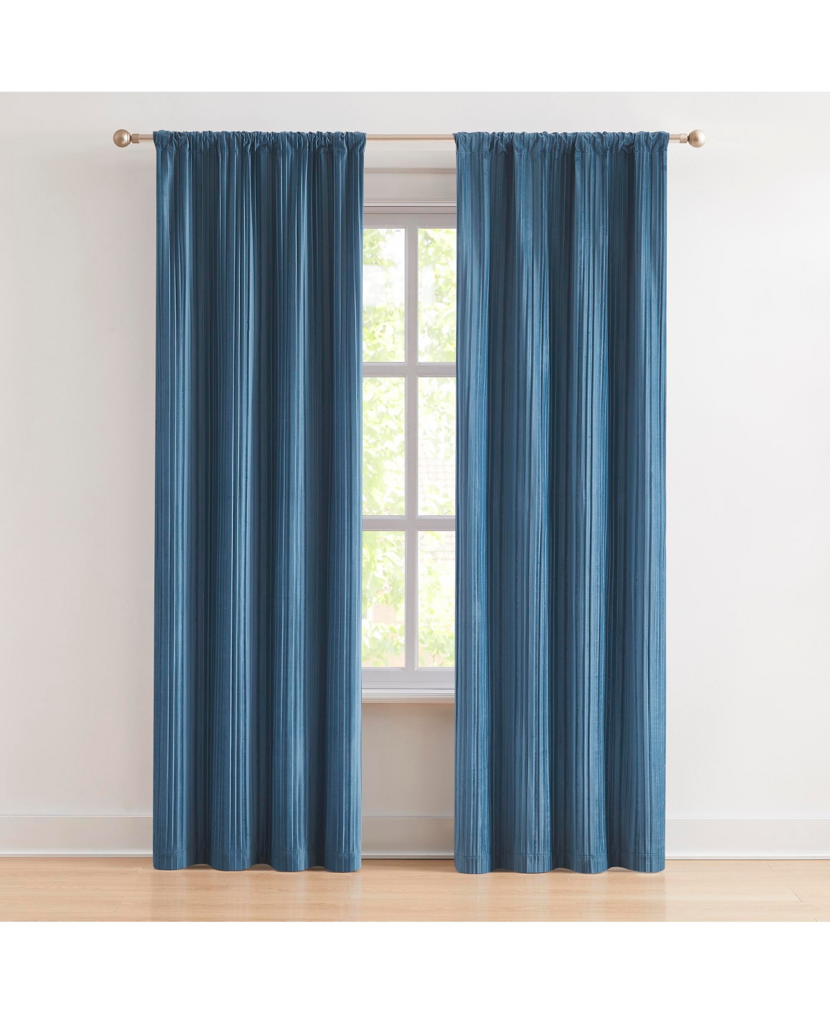 Glam Pleated Velvet Light Filtering Window Curtain Panels Pair 38x84 - Blue