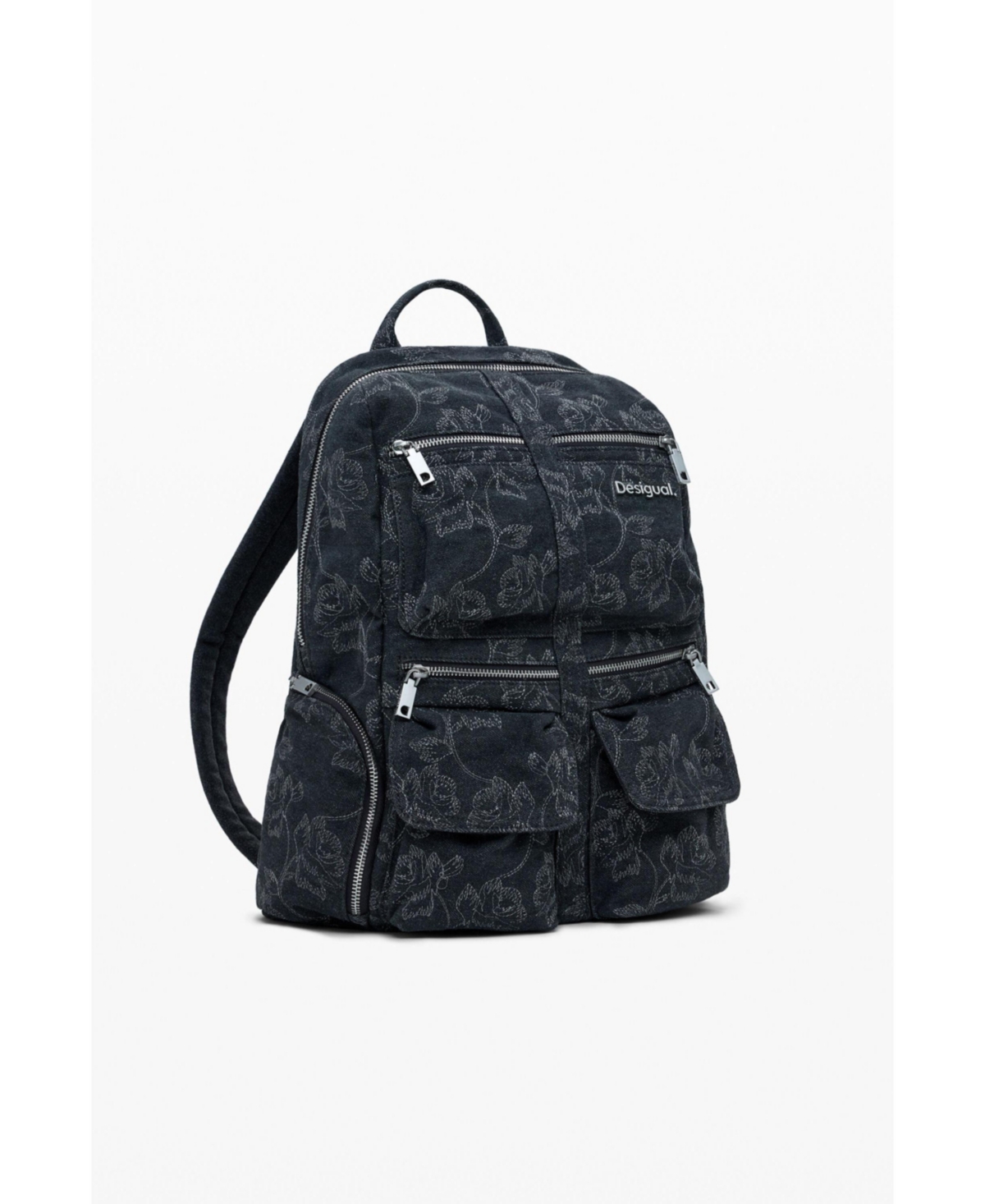 Desigual Large Embroidered Denim Backpack In Black