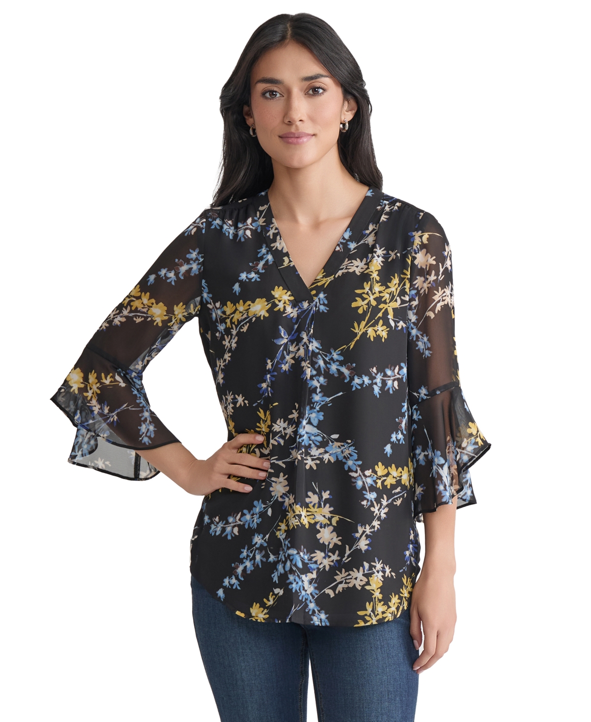 Jones New York Women's Sheer-flutter-sleeve Y-neck Blouse In Multi