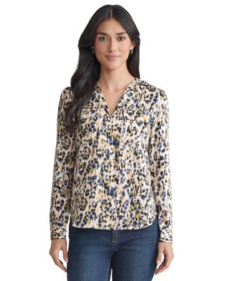 Jones New York - Women's Animal-Print Flap-Pocket Long-Sleeve Top