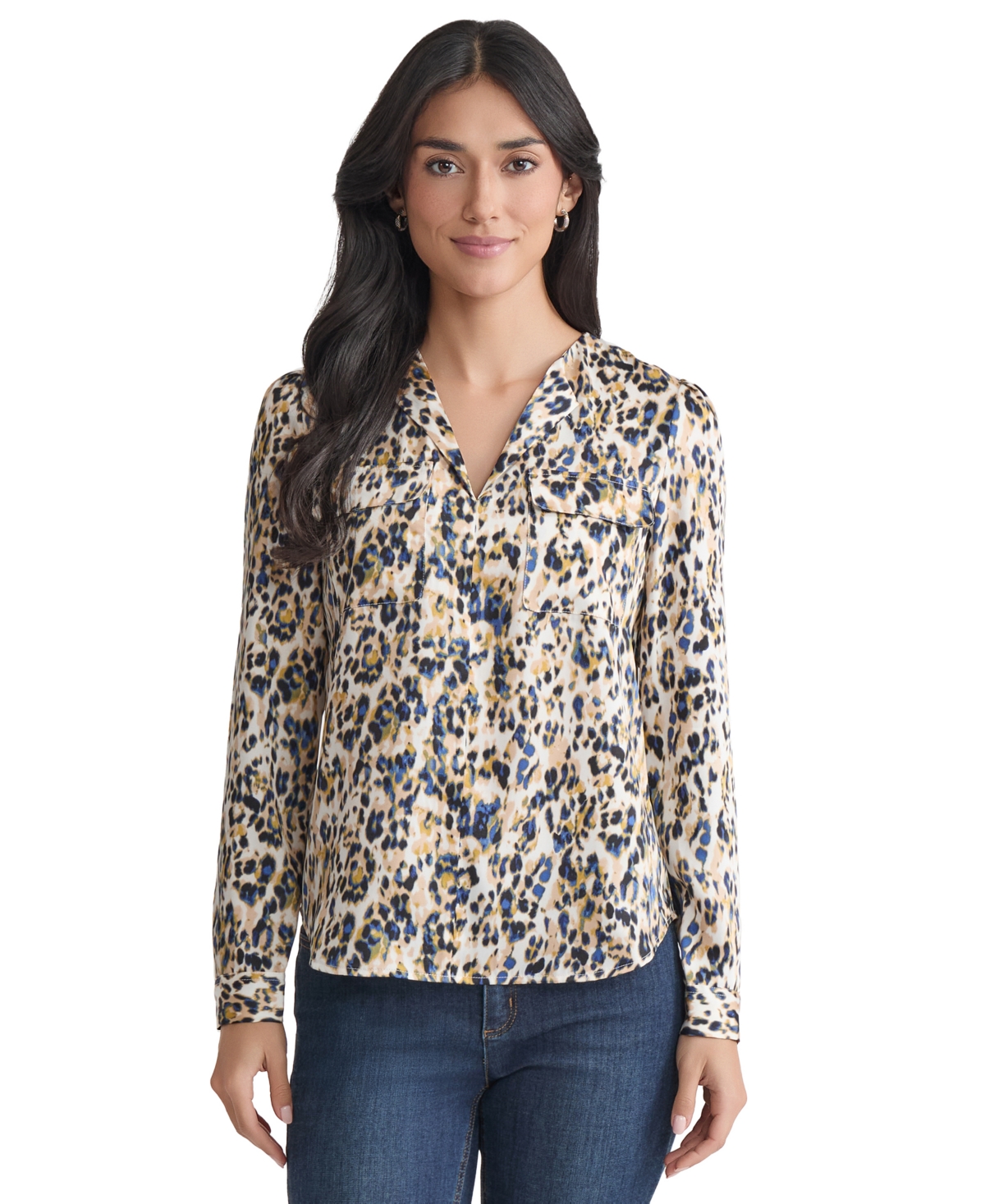 Women's Animal-Print Flap-Pocket Long-Sleeve Top - Jones White Multi