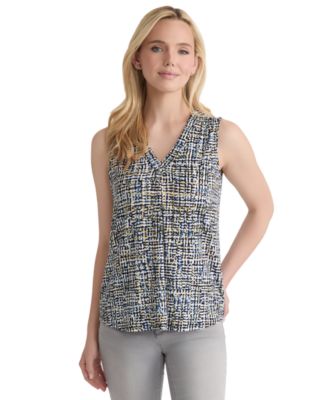 Jones New York - Women's Printed Pleat-Front V-Neck Sleeveless Top