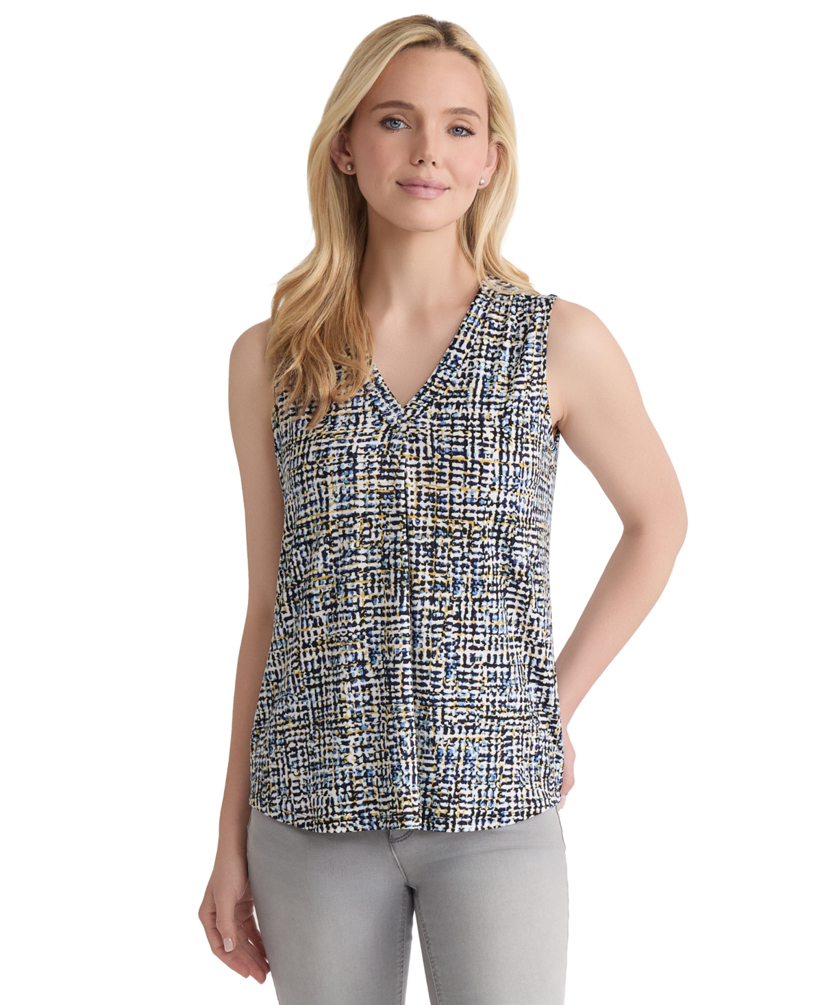 Women's Printed Pleat-Front V-Neck Sleeveless Top - Jones White Multi