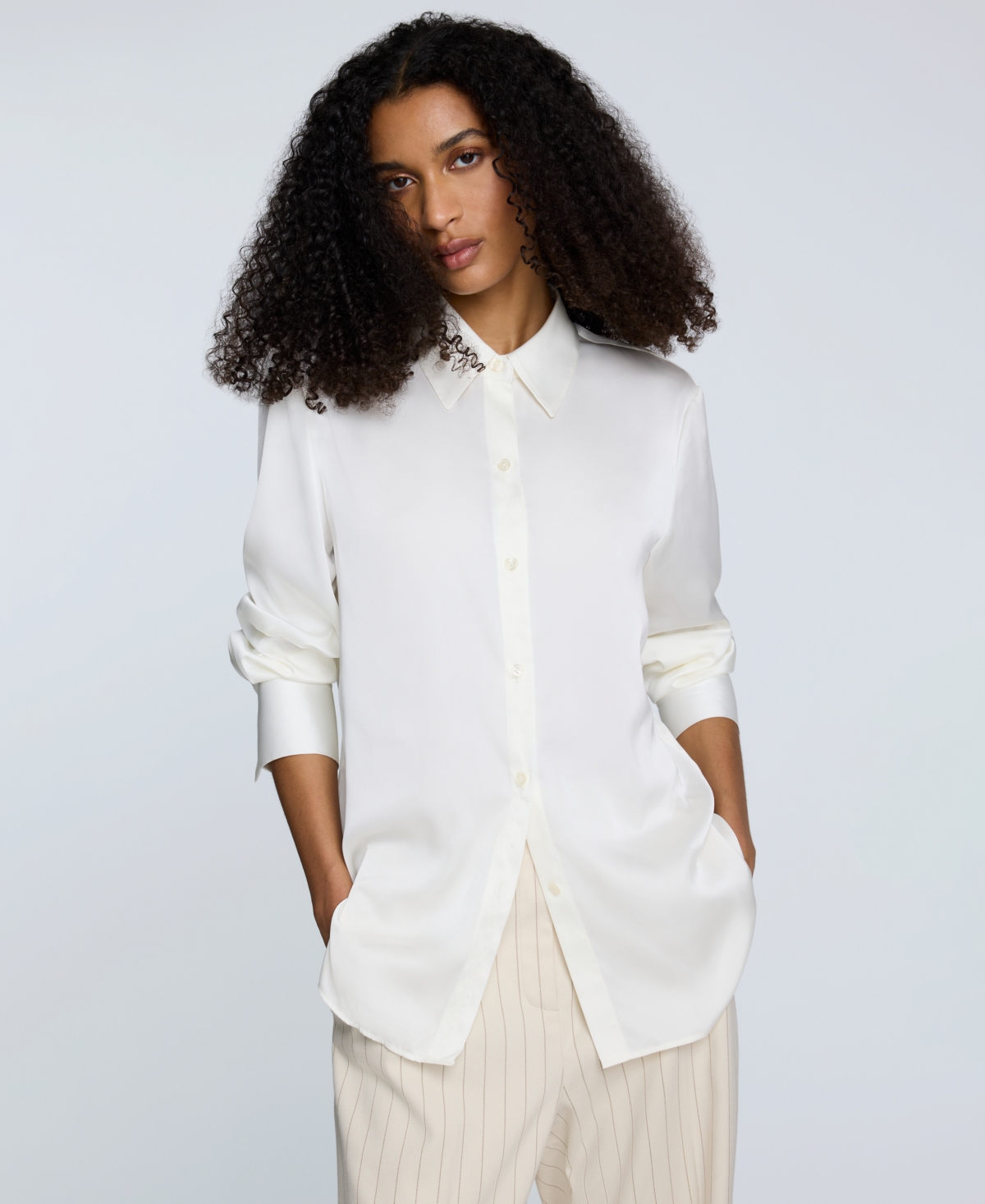 Women's Button-Front Satin Shirt - Oyster