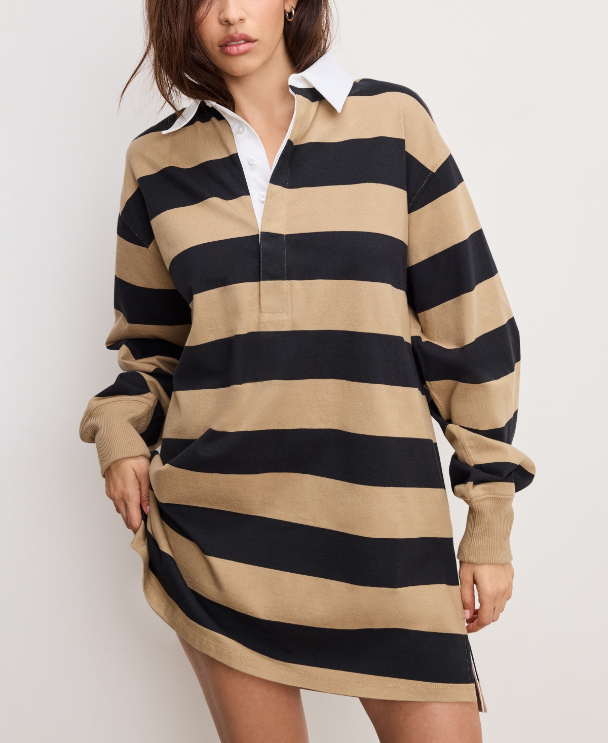 Good American Jersey Polo Long-sleeve Mini Dress In Brown