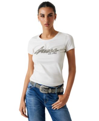 EMIS★[24FW新作] (WOMENS) EMBOSSING LOGO T-SHIRTS GUESS Women's Embellished Logo Short-Sleeve T-Shirt - Macy's