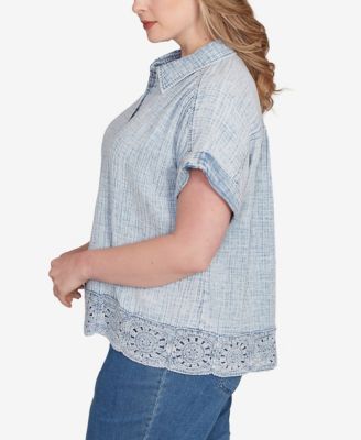 Plus Size Snow Washed Crochet Hem Collared Shirt