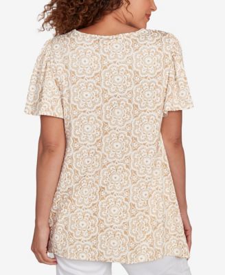 Plus Size Beaded Macrame Puff Print Top