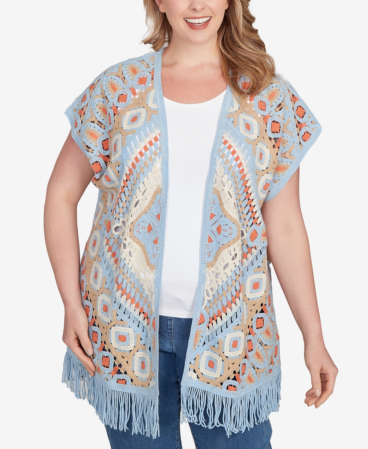 Plus Size Crochet Fringe Short Sleeve Cardigan Sweater - Blue Sky Multi