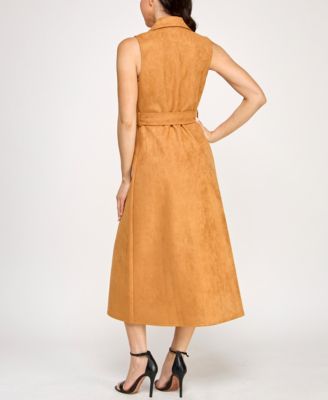 Planet Gold Juniors' Faux-Suede Sleeveless Jacket Midi Dress