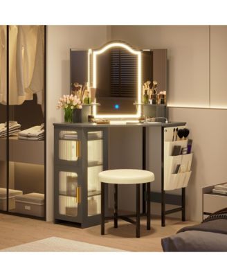 Tri-color Light Corner Vanity Desk with Mirror