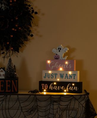 11.75" Halloween Lighted Pink Wooden Ghost Block Word Sign